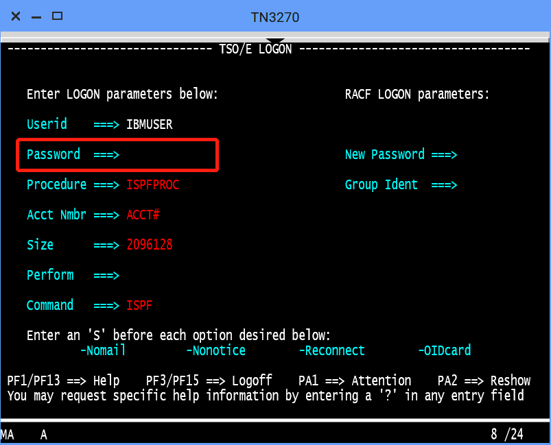 Screen capture that shows how to enter password on the TSO/E LOGON panel
